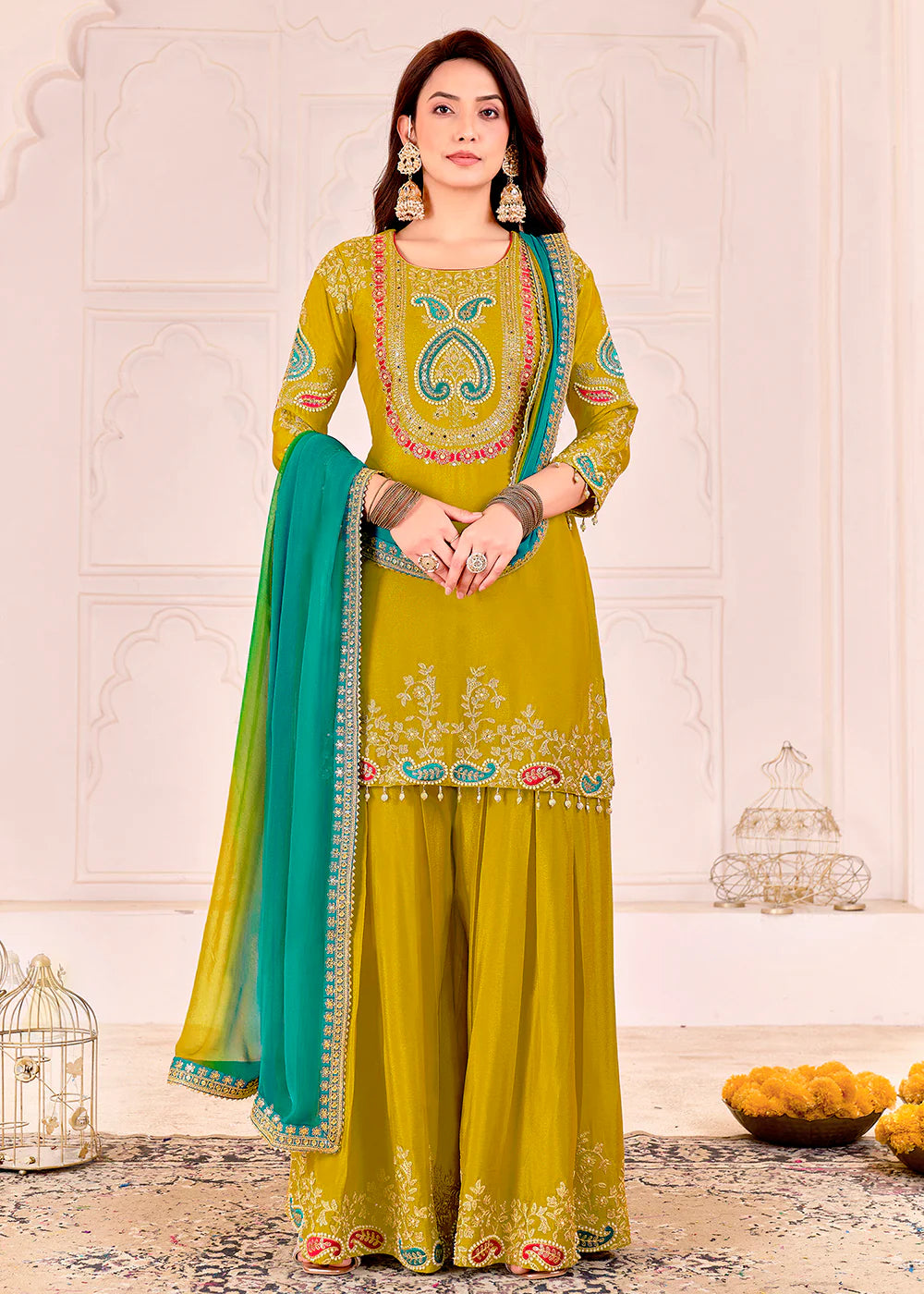 Luxury Olive Green Chinnon Embroidered Palazzo Set