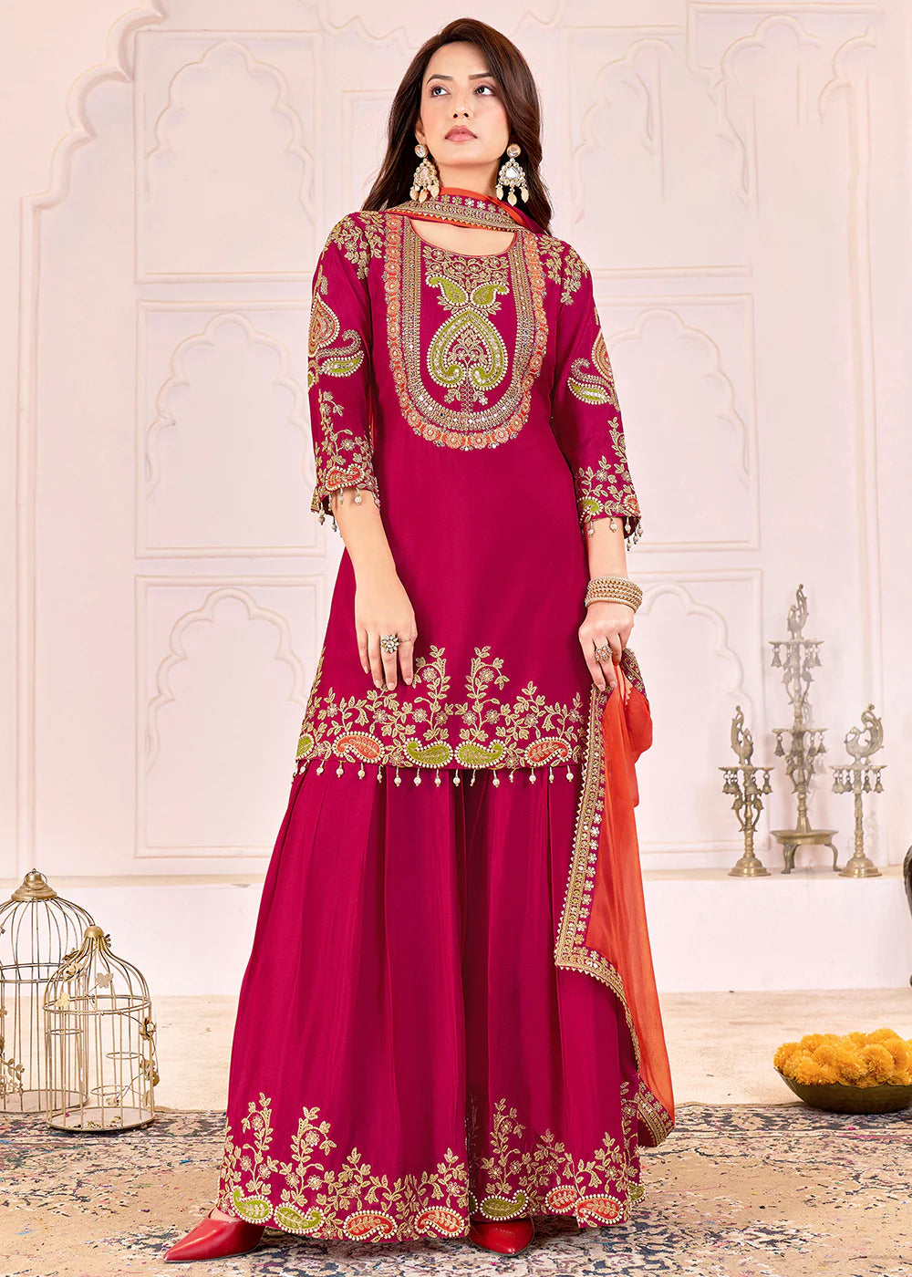 Luxury Deep Maroon Chinnon Embroidered Palazzo Set
