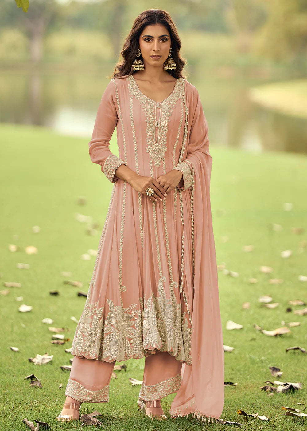 Peach Pink Real Georgette Anarkali Pant Suit
