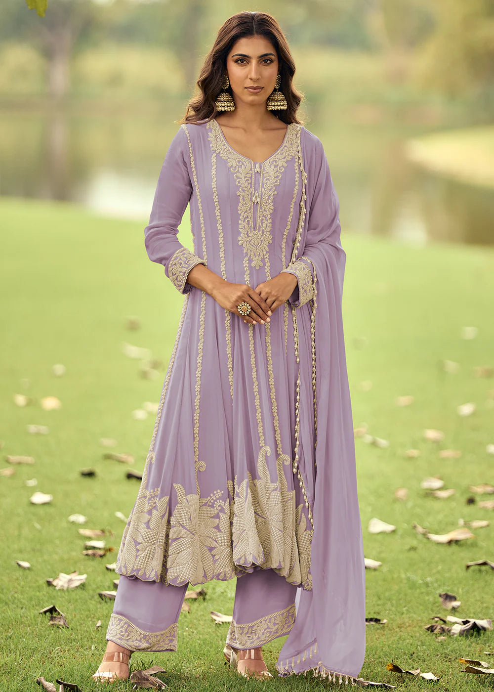 Lavender Real Georgette Anarkali Pant Suit