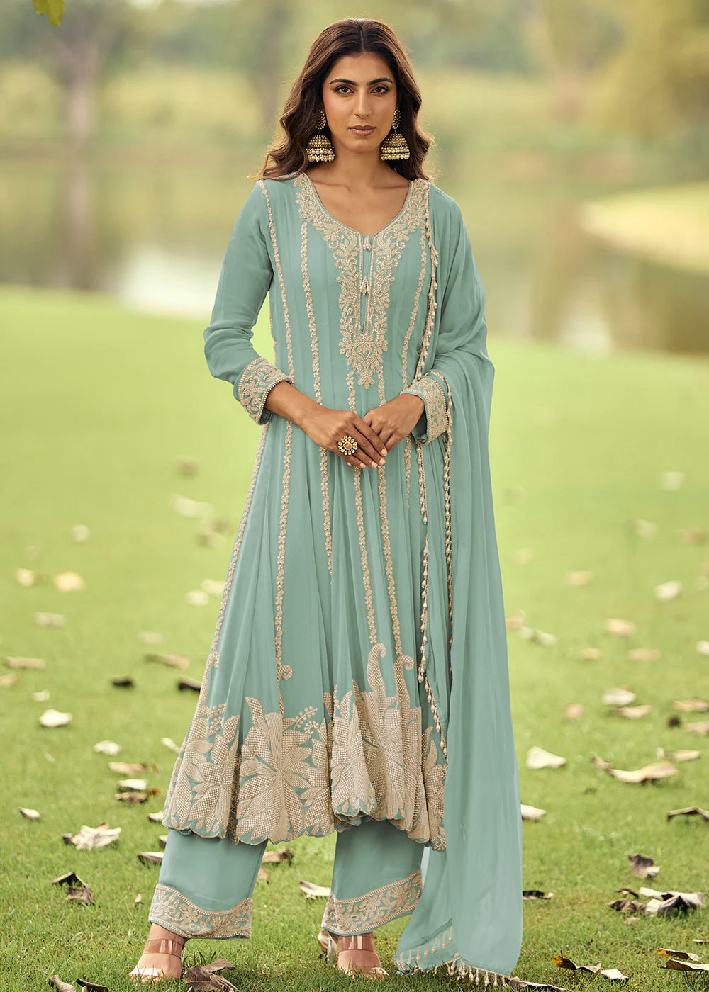 Mint Green Real Georgette Anarkali Pant Suit